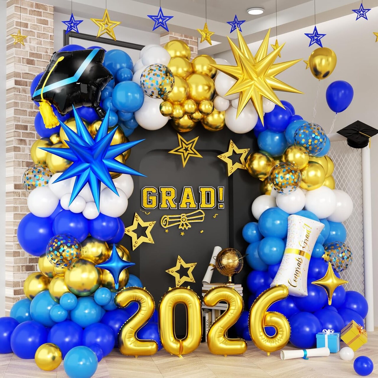 Blue & Gold 2026 Graduation Balloon Arch Kit – Class of 2026 Party Decorations with Number Balloons, Star Foil, Cap & Diploma Set
